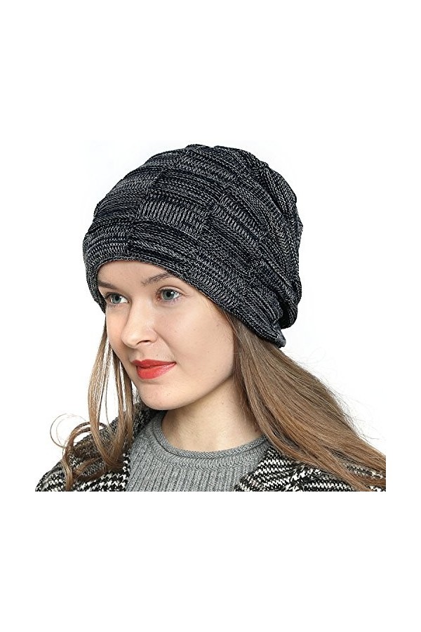 DonDon Chaud Bonnet dhiver Beanie pour Dames Femme Bonnet Moderne tricoté Design Tube avec Doublure Extra-Douce - Noir Gris