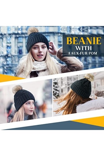 Bonnet Femme Pompon Fourrure Hiver - Idee Cadeau Femme Fille Maman Noel Calendrier de lAvent, Cadeaux Noel Femme Bonnet Noir