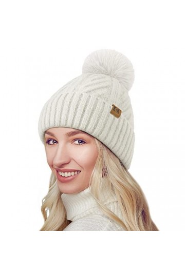 BLURBE Bonnet à pompon pour femme – Bonnet dhiver en laine tricotée avec doublure en polaire thermique avec pompon en fausse