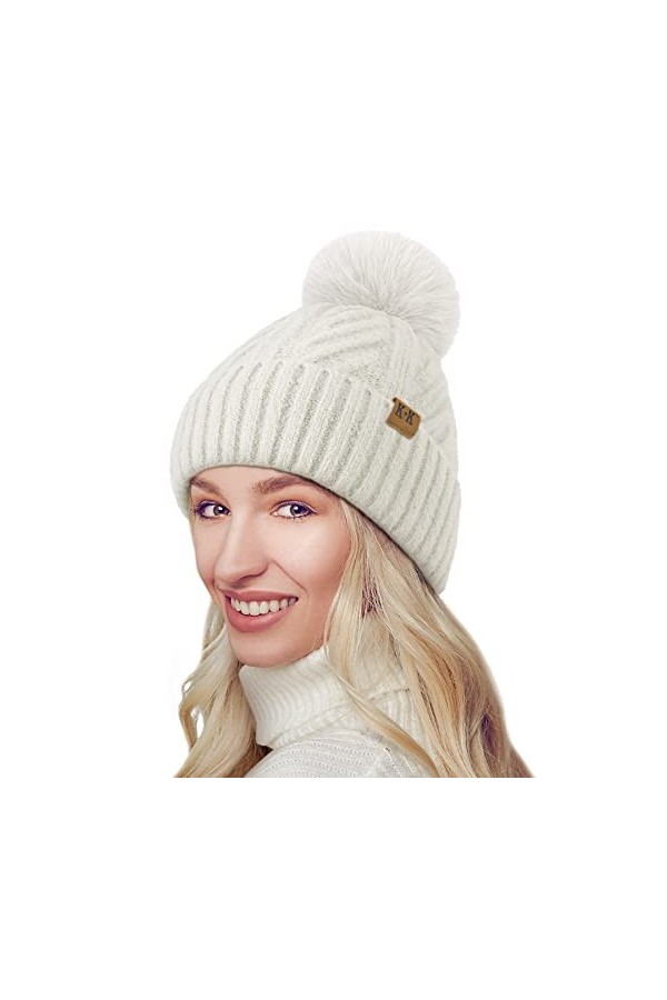 BLURBE Bonnet à pompon pour femme – Bonnet dhiver en laine tricotée avec doublure en polaire thermique avec pompon en fausse