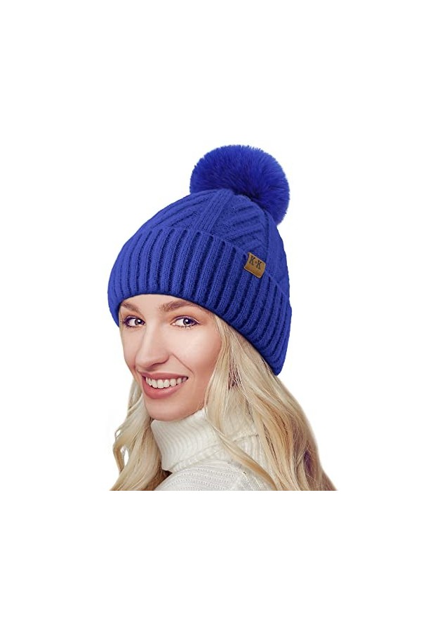 BLURBE Bonnet à pompon pour femme – Bonnet dhiver en laine tricotée avec doublure en polaire thermique avec pompon en fausse