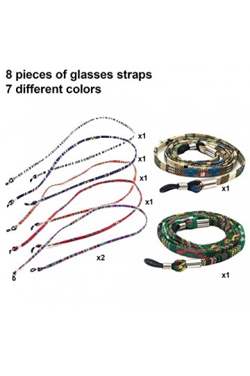 Lot de 8 chaînes de lunettes et un chiffon de lunettes, cordon de lunettes de sport, chaîne de cou réglable pour les activité