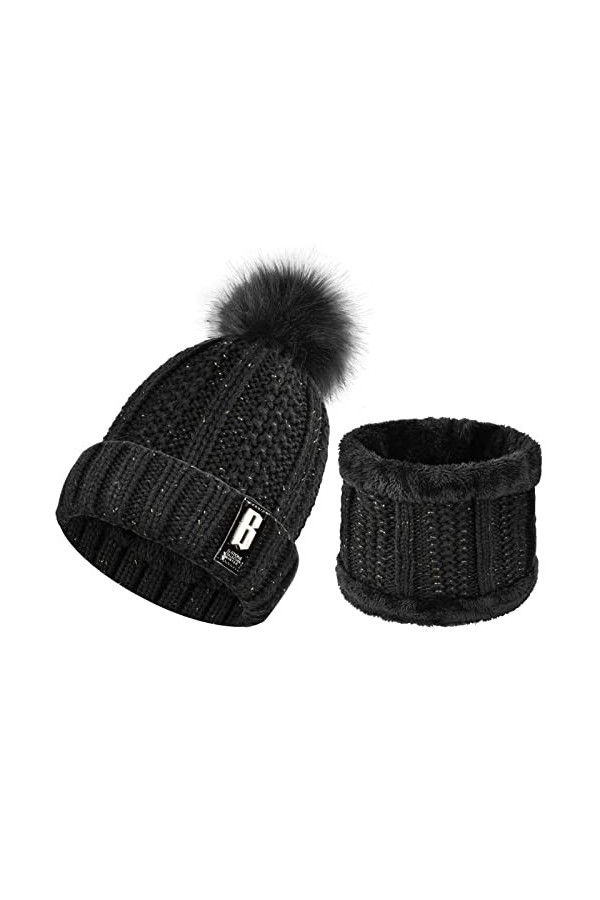 UMIPUBO Tricotés Ensemble dhiver Bonnet Chaude Doublure en Polaire Écharpe Femme Chapeau Pompon Noir ,Noir,Taille unique