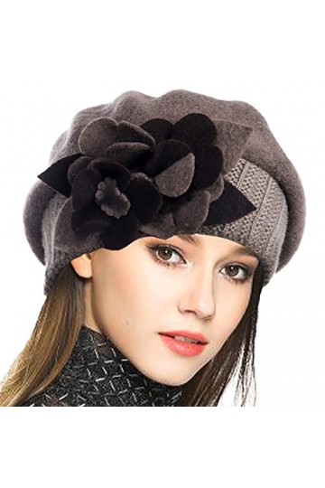 VECRY Femme Béret Français 100% Laine Bérets Bonnet en Tricot Floral Bonnet Tête de Mort Robe Chapeau dhiver Kaki,M 