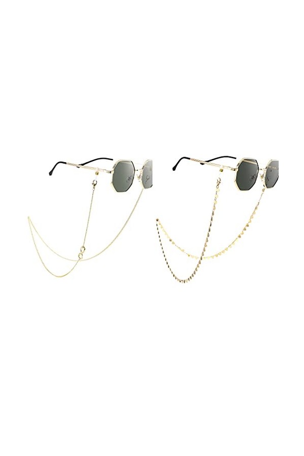 Bohend Lot de 2 chaînes de lunettes de soleil tendance en forme de cœur doré pour femme, doré