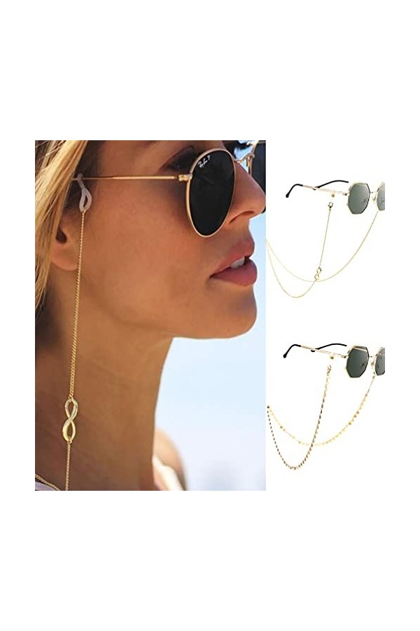 Bohend Lot de 2 chaînes de lunettes de soleil tendance en forme de cœur doré pour femme, doré