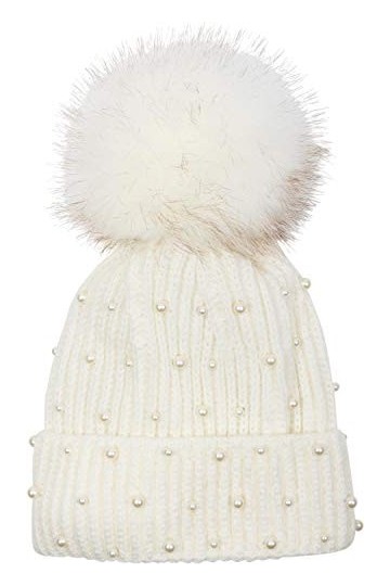 styleBREAKER Bonnet en Maille avec Pompon pour Femme, orné de Perles et avec Une Doublure en Polaire, Bonnet dhiver avec Un 