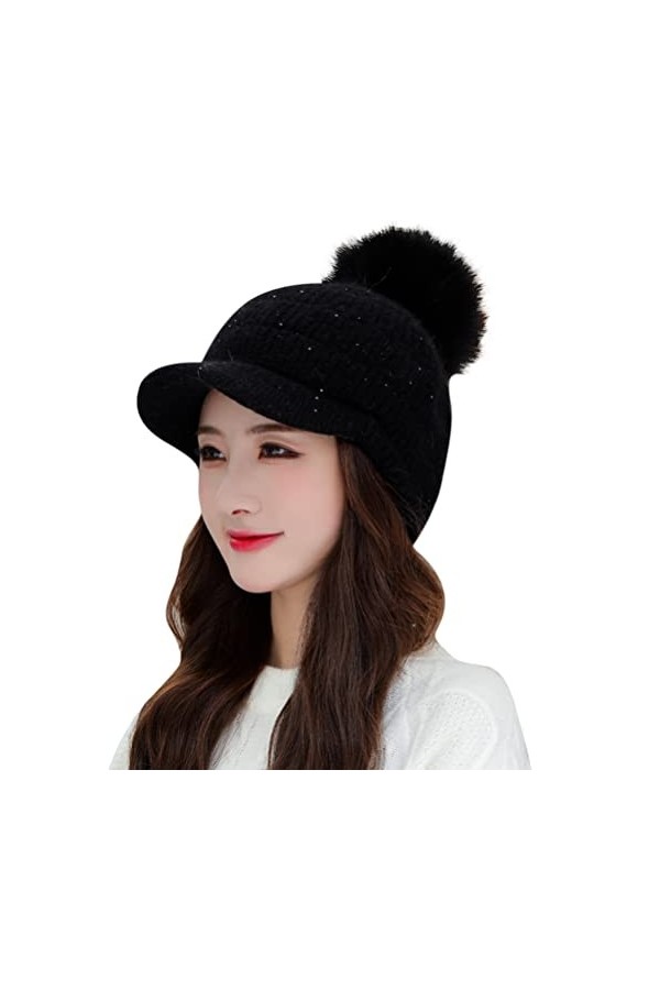 Bonnet doublé en polaire avec visière - Bonnet dhiver en tricot avec pompon - Pour femme, noir, Taille unique