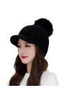 Bonnet doublé en polaire avec visière - Bonnet dhiver en tricot avec pompon - Pour femme, noir, Taille unique
