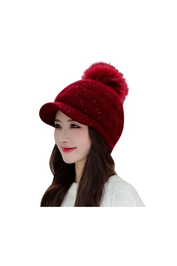 Bonnet doublé en polaire avec visière - Bonnet dhiver en tricot avec pompon - Pour femme, noir, Taille unique