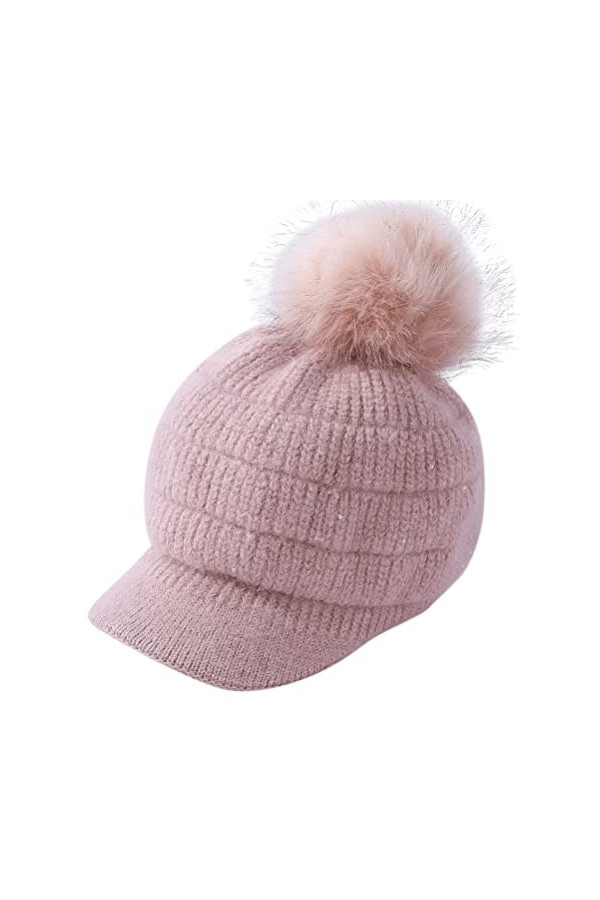 Bonnet doublé en polaire avec visière - Bonnet dhiver en tricot avec pompon - Pour femme, noir, Taille unique