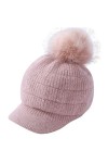 Bonnet doublé en polaire avec visière - Bonnet dhiver en tricot avec pompon - Pour femme, noir, Taille unique