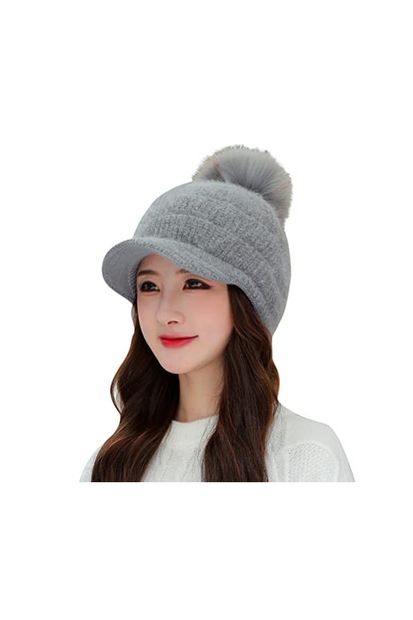 Bonnet doublé en polaire avec visière - Bonnet dhiver en tricot avec pompon - Pour femme, noir, Taille unique