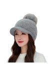 Bonnet doublé en polaire avec visière - Bonnet dhiver en tricot avec pompon - Pour femme, noir, Taille unique