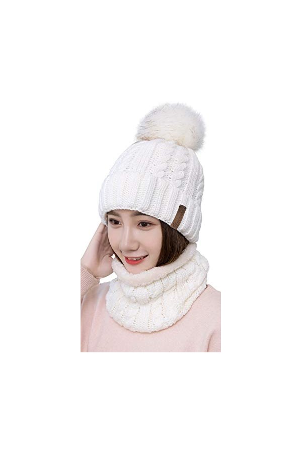 29 IYEBRAO Bonnet dhiver en tricot à pompon pour femme - Bonnet écharpe - Bonnet de ski épais doublé en polaire - Bonnet cha