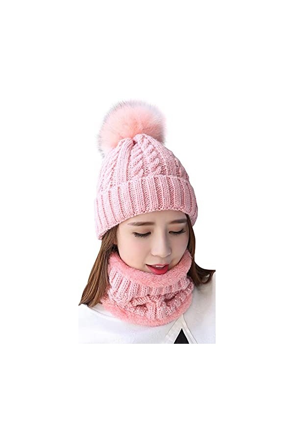 29 IYEBRAO Bonnet dhiver en tricot à pompon pour femme - Bonnet écharpe - Bonnet de ski épais doublé en polaire - Bonnet cha