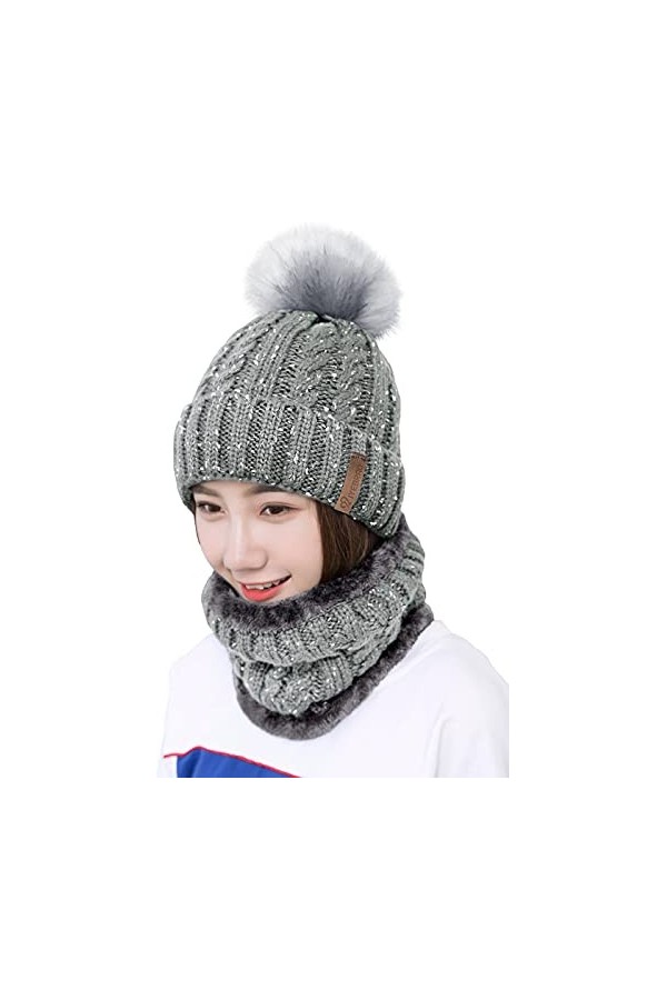 29 IYEBRAO Bonnet dhiver en tricot à pompon pour femme - Bonnet écharpe - Bonnet de ski épais doublé en polaire - Bonnet cha