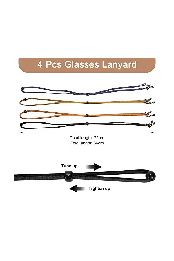 Znamhee Lot de 4 cordons de lunettes en cuir, multicolore