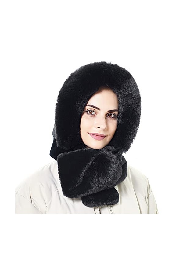 Malaxlx Femmes Fausse Fourrure Noir Bonnet à Capuche Pom Col écharpe Bonnet Hiver Chaud Col Bénitier Oreillette Duveteux Ski 