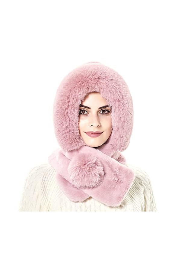 Malaxlx Femmes Fausse Fourrure Noir Bonnet à Capuche Pom Col écharpe Bonnet Hiver Chaud Col Bénitier Oreillette Duveteux Ski 