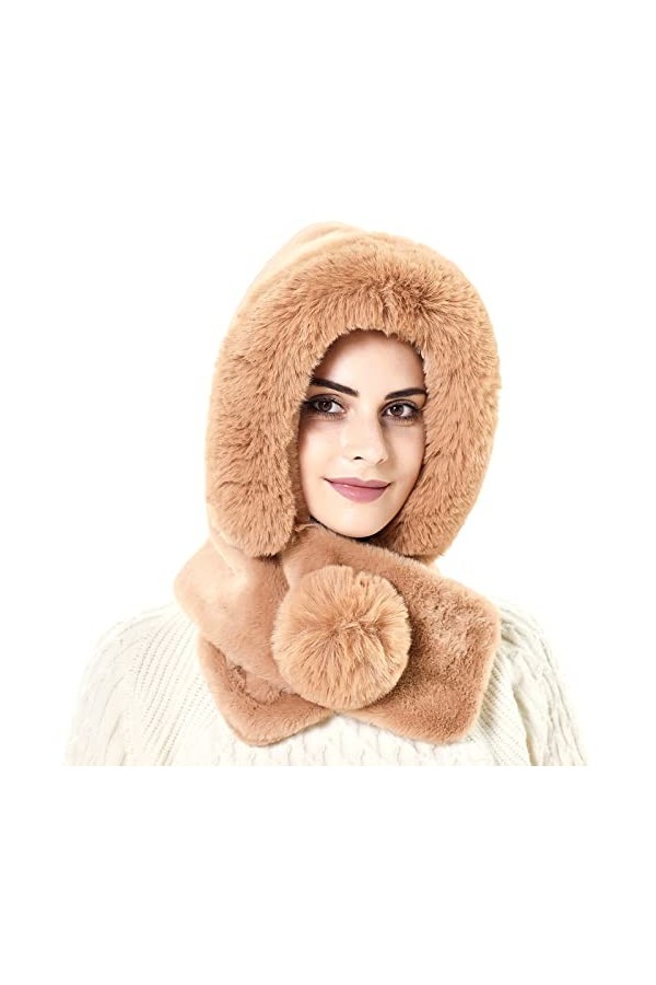 Malaxlx Femmes Fausse Fourrure Noir Bonnet à Capuche Pom Col écharpe Bonnet Hiver Chaud Col Bénitier Oreillette Duveteux Ski 
