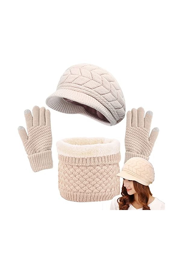Yutdeng Femme Béret Bonnet Hiver Chapeau Tricoté Dame béret Gants à Écran Tactile Mitaines Chaud Casquette tricotée Bonnet Da