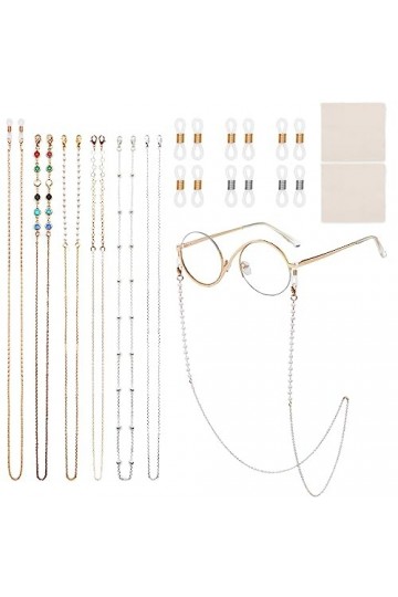 VEGCOO Lot de 6 chaînes de lunettes de soleil avec crochets doreille antidérapants et 2 chiffons de nettoyage, cordon de lun