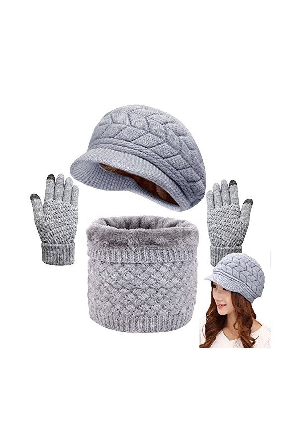 Yutdeng Femme Béret Bonnet Hiver Chapeau Tricoté Dame béret Gants à Écran Tactile Mitaines Chaud Casquette tricotée Bonnet Da