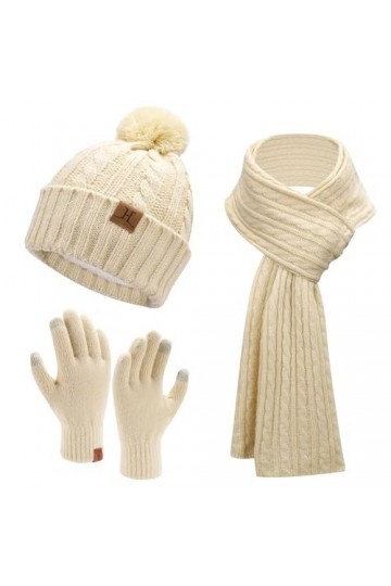 Femme Hiver Chaud Bonnet Chapeau Gants Tactiles Longue Echarpe Ensemble Tricot Torsadé avec Doublure Polaire Casquette Skull 