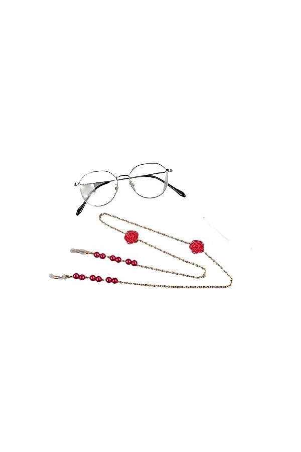 HczIon Chaîne Lunettes 2 Pièces Perle Anti Perte Cordon Fleur Lunettes Chaîne Licou Masque Chaîne,Rouge