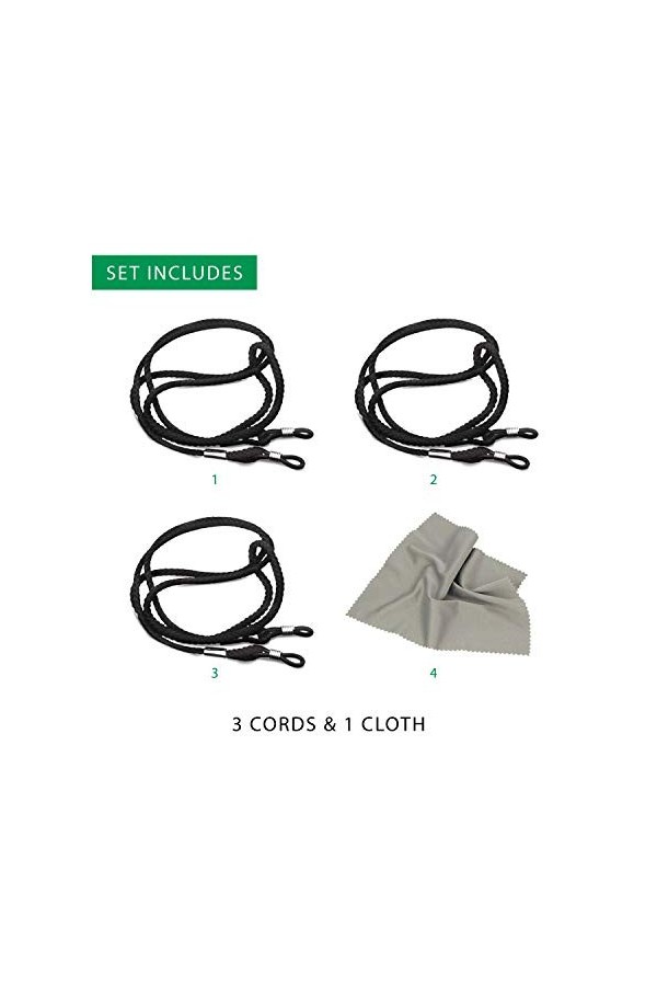 Lot de 4 | 3 cordons de lunettes et 1 chiffon de nettoyage en microfibre | Cordon de cou léger pour lunettes, cordons de lune