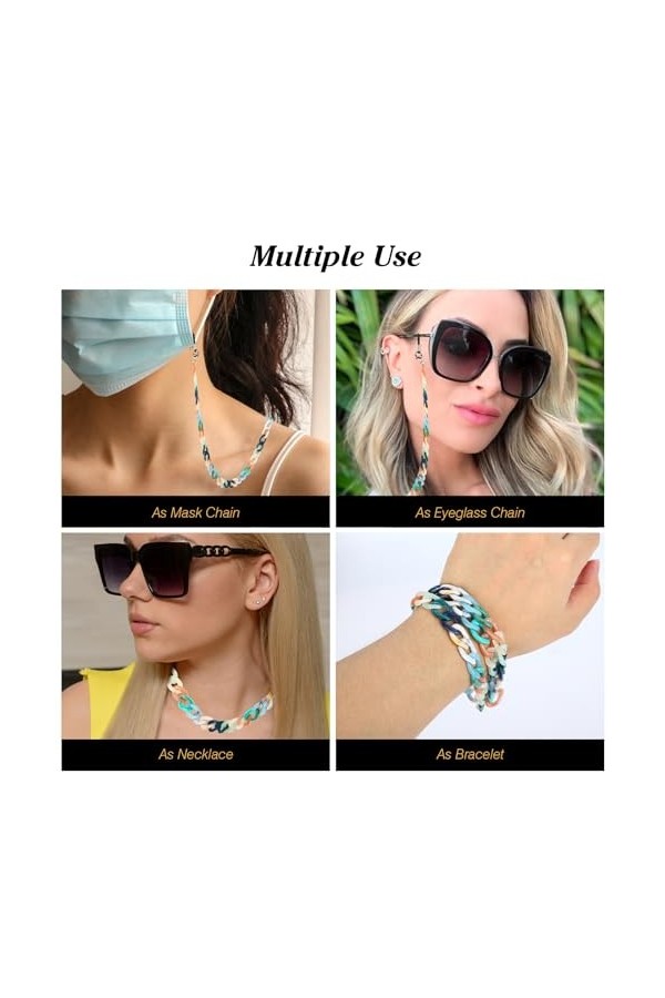 BBXWANG Lot de 2 colliers de lunettes autour du cou, chaîne de verre support de lunettes, Multicolore + blanc, 56 cm long
