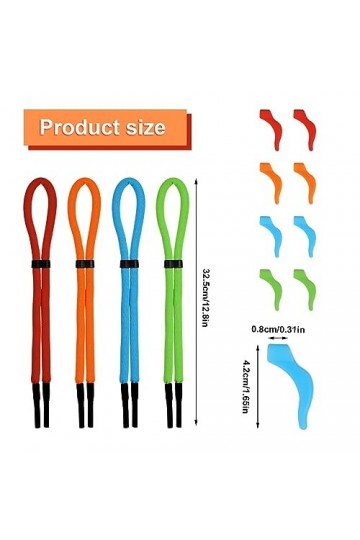 BOXOB 4 Pièces Cordon Lunettes Flottant, Réglable Mousse Sangle Lunette de Soleil avec 4 Paires Crochets dOreille pour Homme