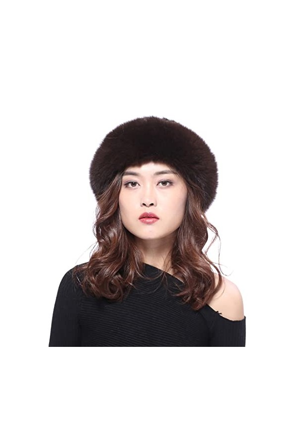BeFur Bonnet dhiver pour femme en tricot avec bord renard en fourrure véritable, Noir , Taille unique