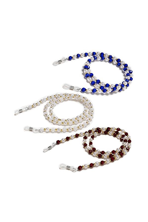 DNLKWGO Lot de 3 chaînes de lunettes de soleil avec perles dimitation pour femme, Bleu/blanc/marron, taille unique