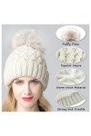Andiker Bonnet dhiver avec polaire, bonnet à pompons en tricot torsadé pour femme et fille, beige, taille unique