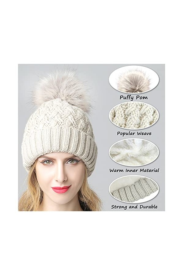 Andiker Bonnet dhiver avec polaire, bonnet à pompons en tricot torsadé pour femme et fille, beige, taille unique