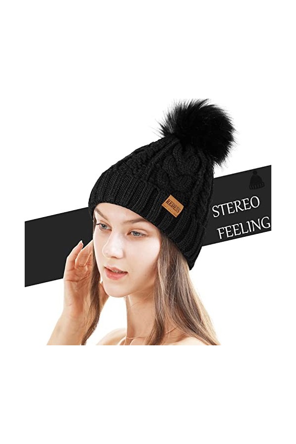 REDESS Bonnet dhiver à Pompon pour Femme avec Doublure en Polaire Chaude, Bonnet de Ski en Tricot de Neige épais et épais