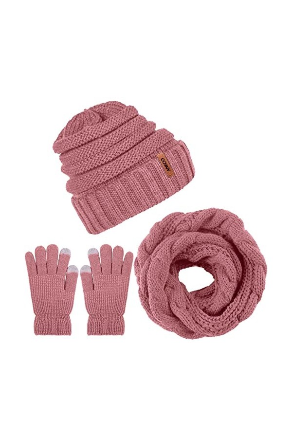ANECO Ensemble bonnet et gants dhiver en tricot chaud pour homme et femme - Bonnet extensible doux et moufles