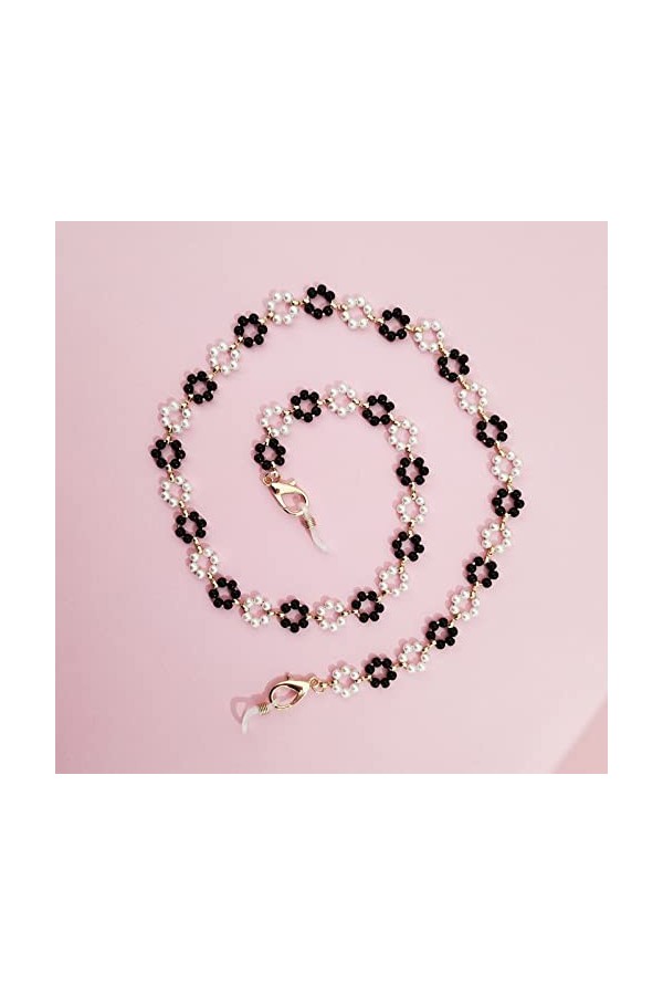 1 Pc Vintage Lunettes Chaîne Femmes Filles Mode Perle Fleur Perlé Pend Masques Lanière Tenir Sangle Cintre Corde,Noir