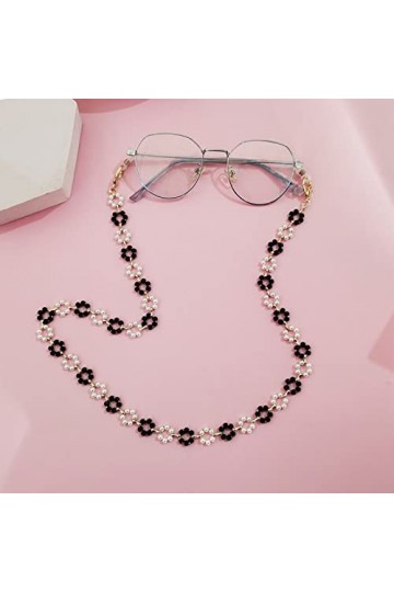 1 Pc Vintage Lunettes Chaîne Femmes Filles Mode Perle Fleur Perlé Pend Masques Lanière Tenir Sangle Cintre Corde,Noir