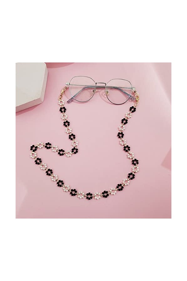 1 Pc Vintage Lunettes Chaîne Femmes Filles Mode Perle Fleur Perlé Pend Masques Lanière Tenir Sangle Cintre Corde,Noir