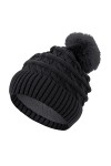 Sibba Bonnet dhiver à pompon pour femme avec doublure en polaire thermique avec pompon en fausse fourrure, Noir , taille uni