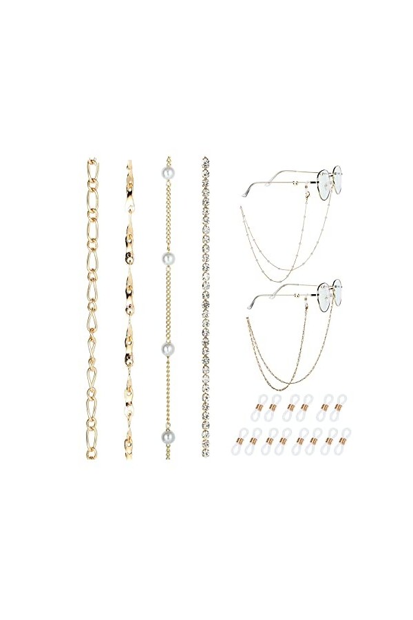 DNLKWGO Lot de 4 chaînes de retenue de lunettes en métal pour femme, doré, taille unique