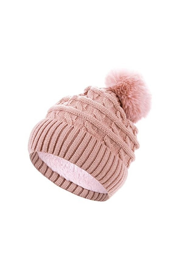 Sibba Bonnet dhiver à pompon pour femme avec doublure en polaire thermique avec pompon en fausse fourrure, Noir , taille uni
