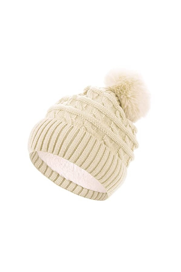 Sibba Bonnet dhiver à pompon pour femme avec doublure en polaire thermique avec pompon en fausse fourrure, Noir , taille uni