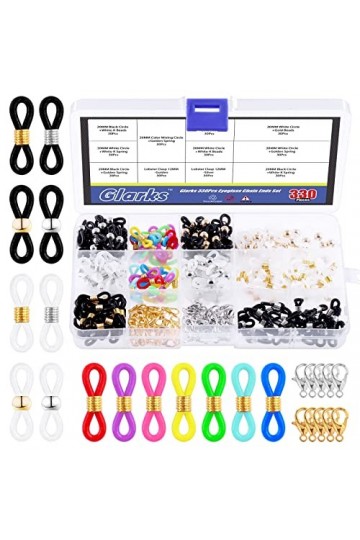 Glarks Lot de 330 embouts de chaîne de lunettes comprenant 270 connecteurs réglables en silicone pour lunettes et 60 fermoirs