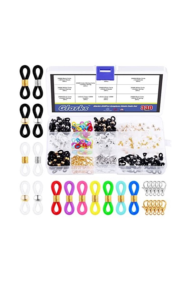 Glarks Lot de 330 embouts de chaîne de lunettes comprenant 270 connecteurs réglables en silicone pour lunettes et 60 fermoirs