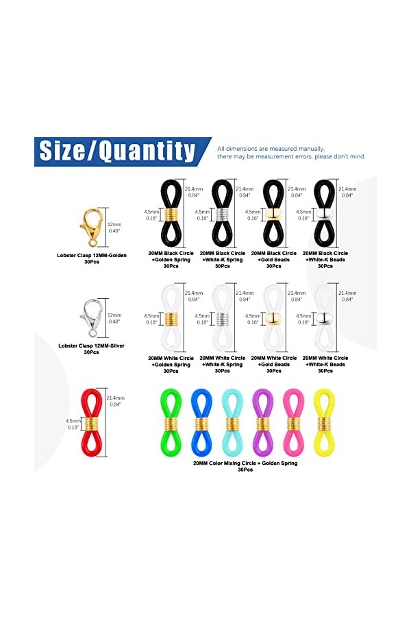 Glarks Lot de 330 embouts de chaîne de lunettes comprenant 270 connecteurs réglables en silicone pour lunettes et 60 fermoirs