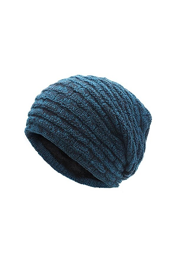 ZLYC Bonnet dhiver souple en tricot pour homme et femme avec doublure en polaire épaisse, Bleu marine uni, L/taille unique